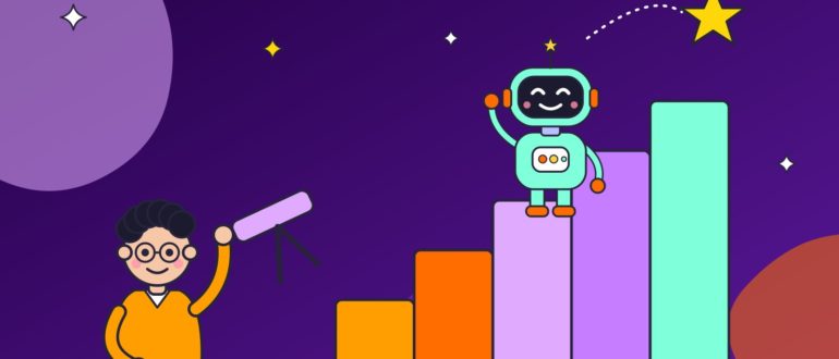 Парень с телескопом смотрит на робота, который поднимается по растущим ступеням-столбцам к звезде