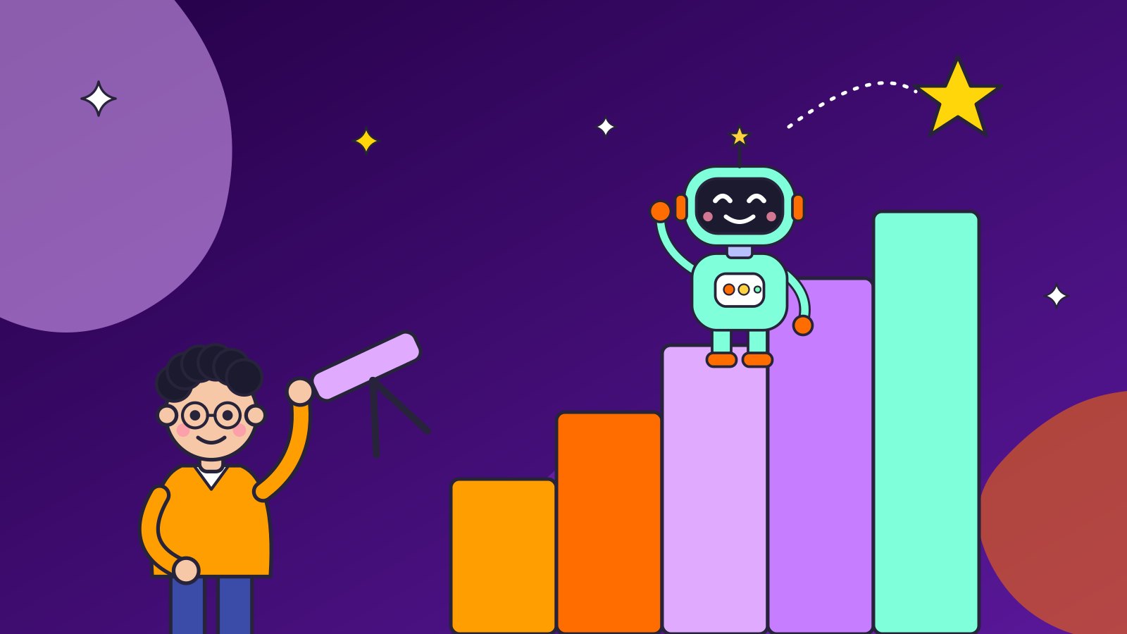 Парень с телескопом смотрит на робота, который поднимается по растущим ступеням-столбцам к звезде