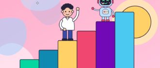 Человек поднимается по лестнице из разноцветных блоков к большому жёлтому солнцу, а робот на ступени выше показывает ему путь